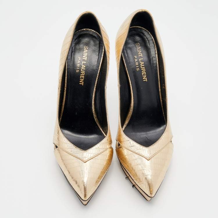 Pre Owned Saint Laurent Gold Embossed Leather Platform Pumps Size 38