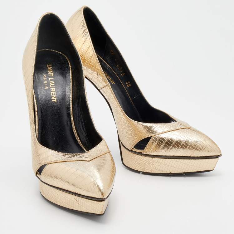 Pre Owned Saint Laurent Gold Embossed Leather Platform Pumps Size 38