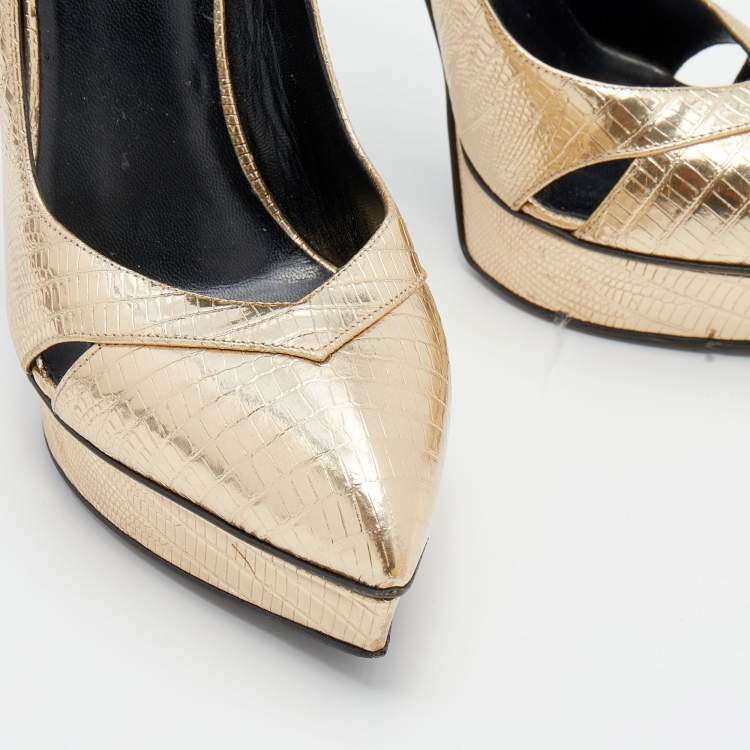 Pre Owned Saint Laurent Gold Embossed Leather Platform Pumps Size 38