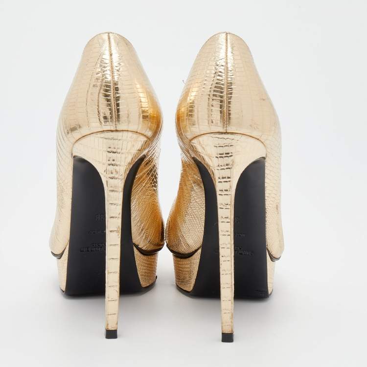 Pre Owned Saint Laurent Gold Embossed Leather Platform Pumps Size 38