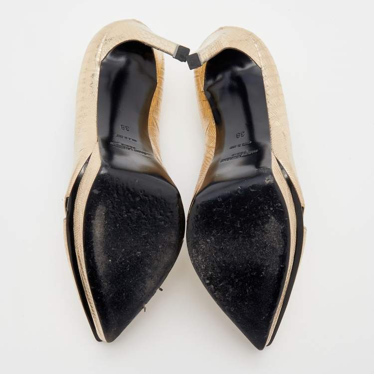 Pre Owned Saint Laurent Gold Embossed Leather Platform Pumps Size 38