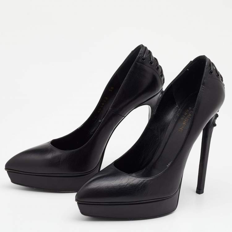 Pre Owned Saint Laurent Black Leather Pointed Toe Pumps Size 38