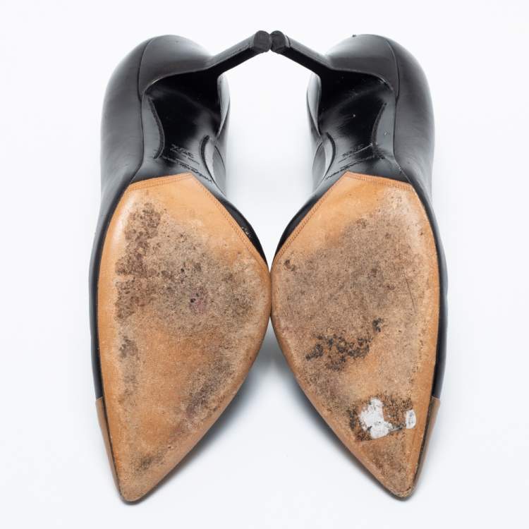 مملوكة مسبقًا Saint Laurent Paris Black/Gold Leather Cap Toe Pointed Toe Pumps Size 38.5