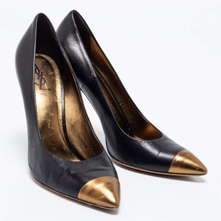 مملوكة مسبقًا Saint Laurent Paris Black/Gold Leather Cap Toe Pointed Toe Pumps Size 38.5