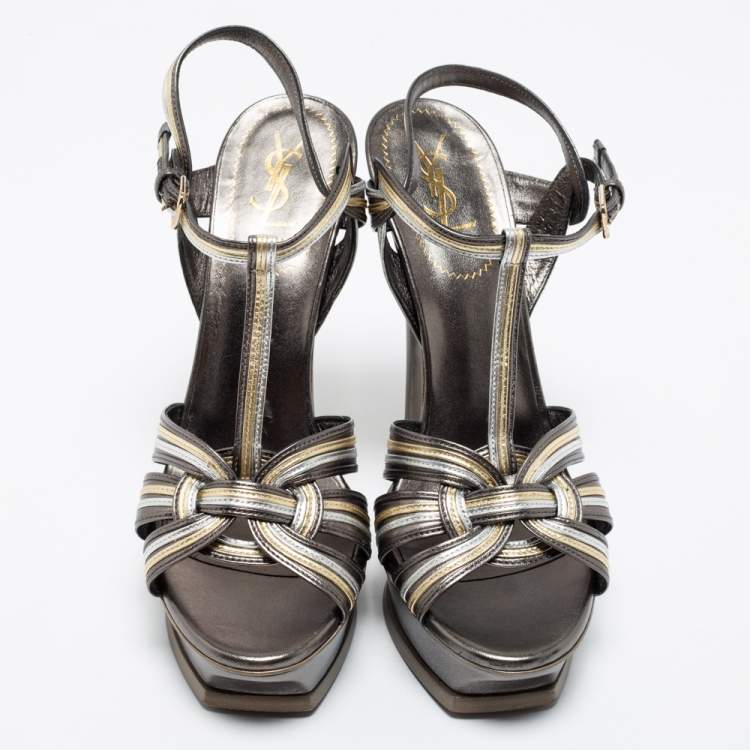 Pre Owned Saint Laurent Metallic Tricolor Leather Tribute Platform Ankle Strap Sandals Size 41