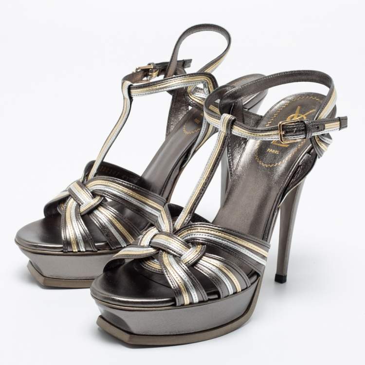 Pre Owned Saint Laurent Metallic Tricolor Leather Tribute Platform Ankle Strap Sandals Size 41