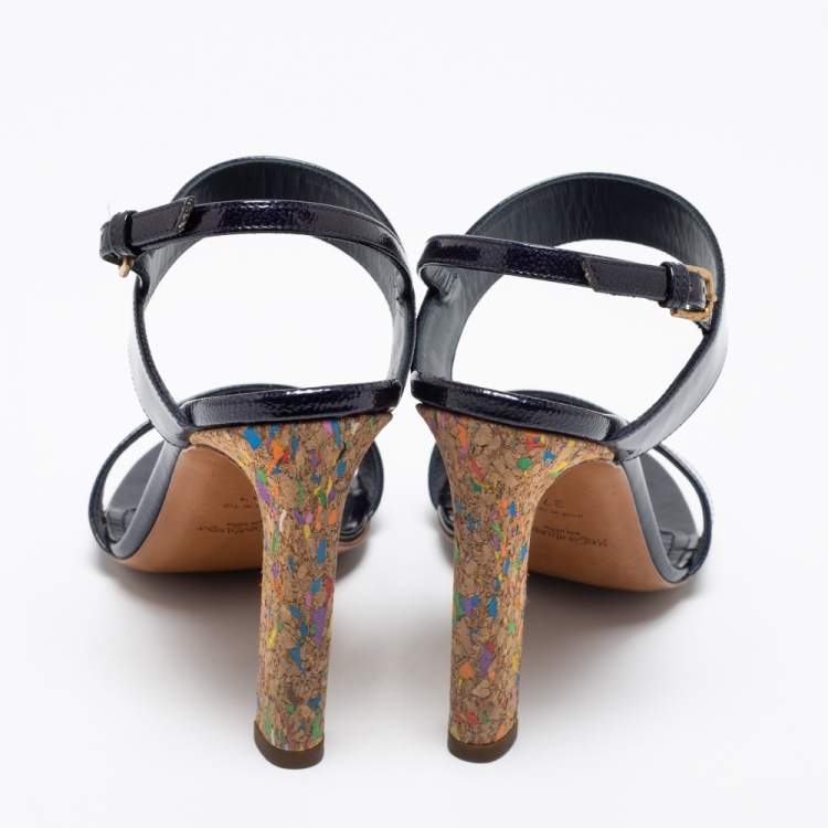 Pre Owned Saint Laurent Navy Blue Patent Leather Slingback Sandals Size 37