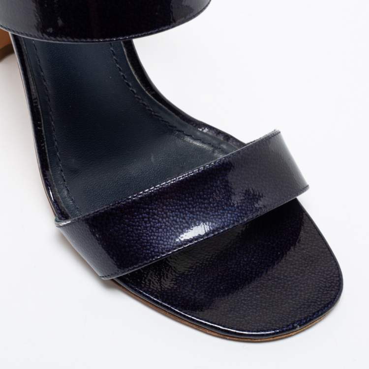 Pre Owned Saint Laurent Navy Blue Patent Leather Slingback Sandals Size 37