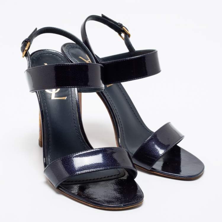 Pre Owned Saint Laurent Navy Blue Patent Leather Slingback Sandals Size 37