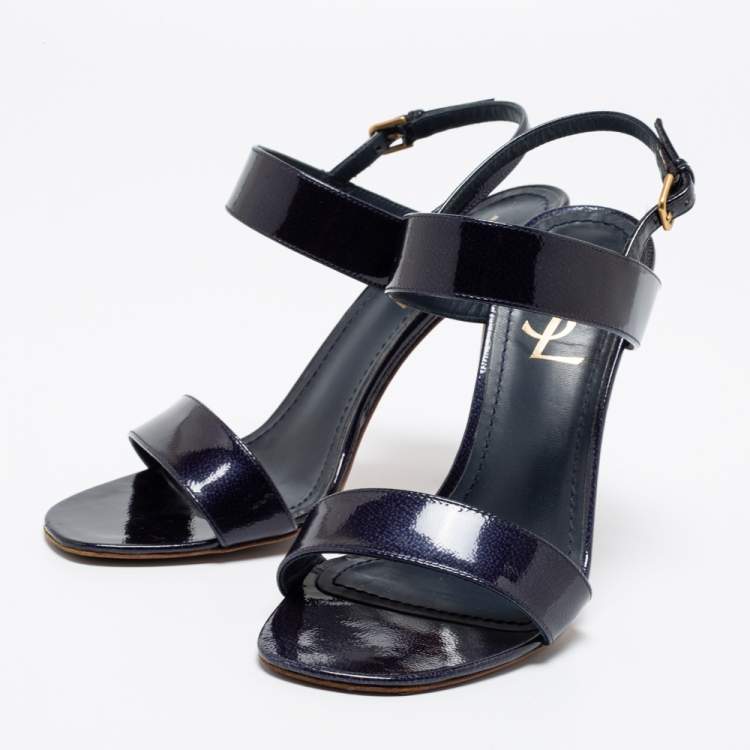 Pre Owned Saint Laurent Navy Blue Patent Leather Slingback Sandals Size 37