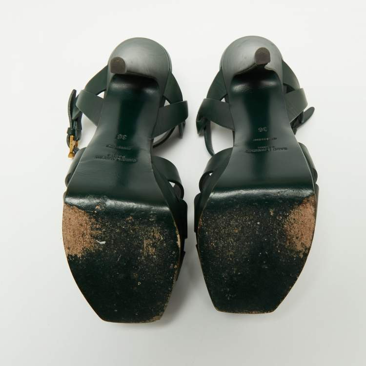 Pre Owned Saint Laurent Green Leather Tribute Platform Ankle Strap Sandals Size 36