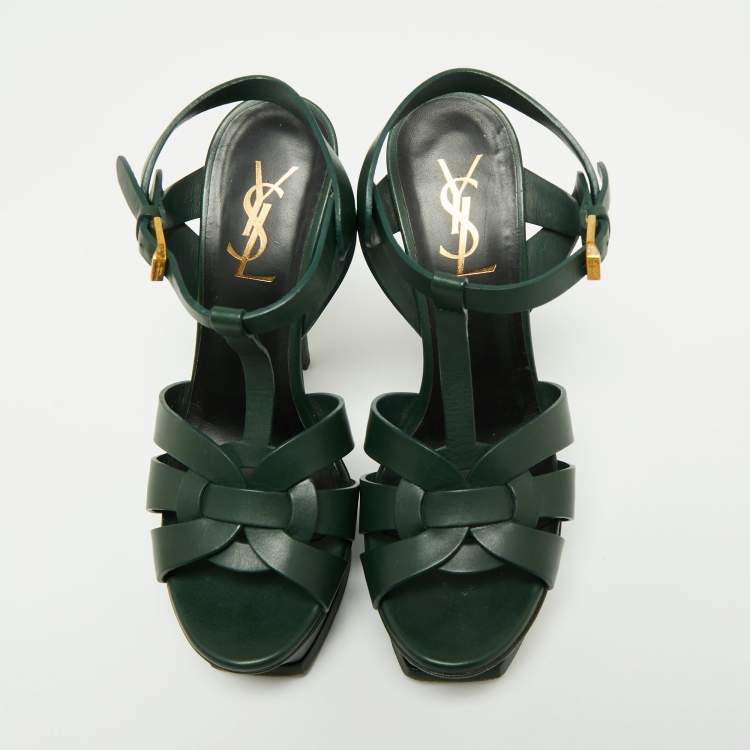 Pre Owned Saint Laurent Green Leather Tribute Platform Ankle Strap Sandals Size 36