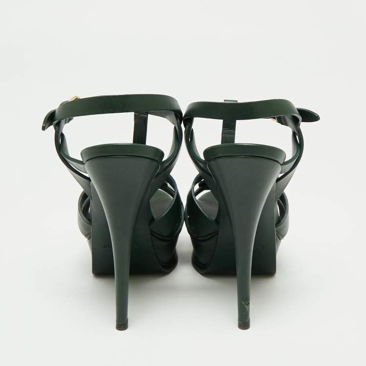 Pre Owned Saint Laurent Green Leather Tribute Platform Ankle Strap Sandals Size 36