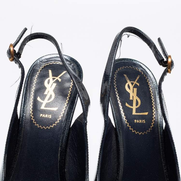 Pre Owned Saint Laurent Dark Blue Textured Patent Leather Tribtoo Slingback Pumps Size 37 
