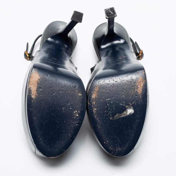 Pre Owned Saint Laurent Dark Blue Textured Patent Leather Tribtoo Slingback Pumps Size 37 