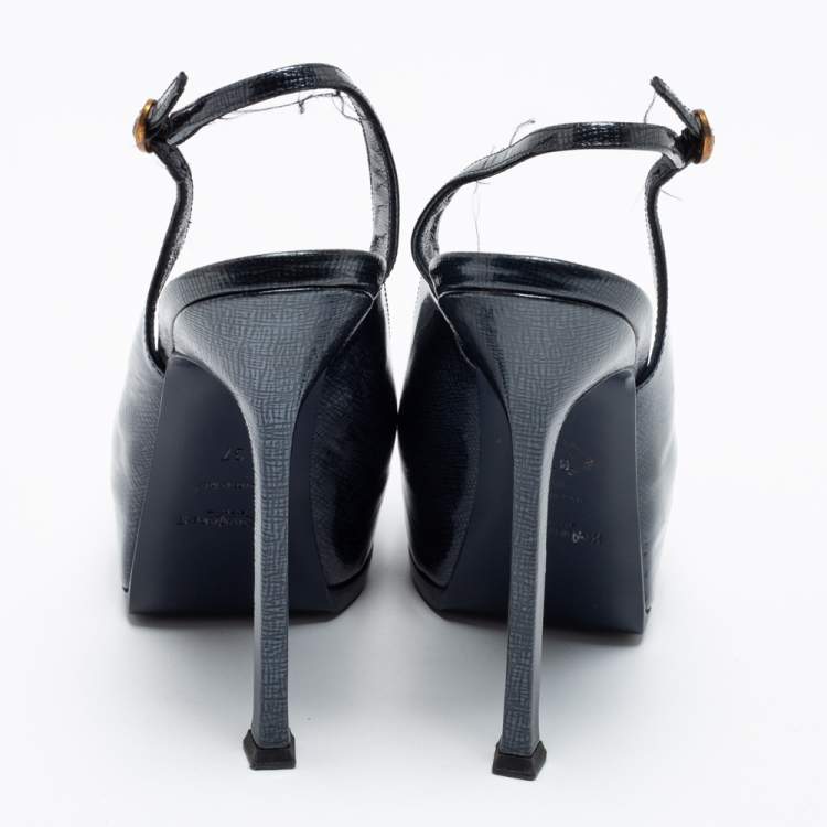 Pre Owned Saint Laurent Dark Blue Textured Patent Leather Tribtoo Slingback Pumps Size 37 
