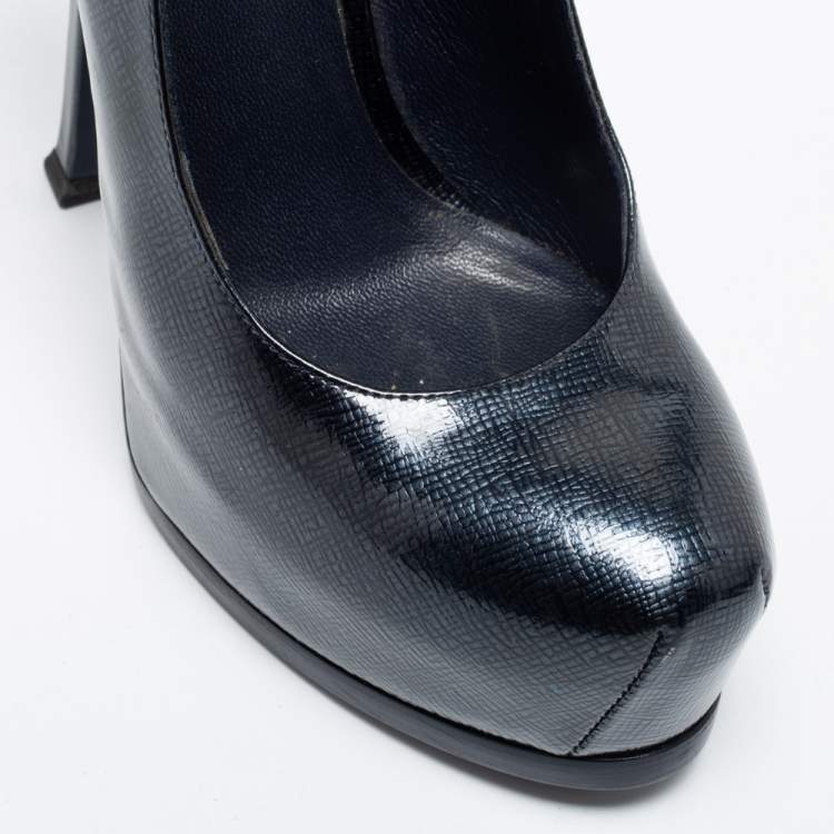 Pre Owned Saint Laurent Dark Blue Textured Patent Leather Tribtoo Slingback Pumps Size 37 