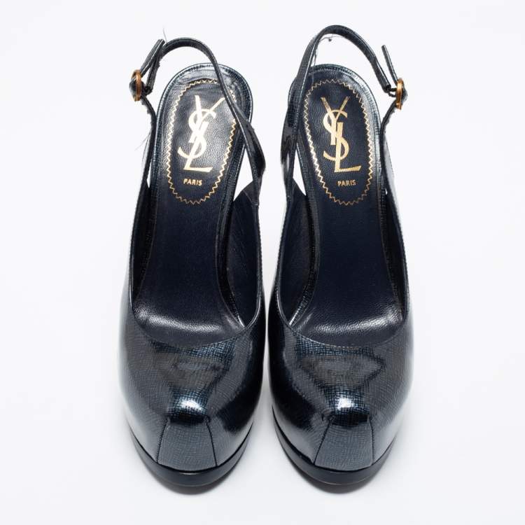 Pre Owned Saint Laurent Dark Blue Textured Patent Leather Tribtoo Slingback Pumps Size 37 