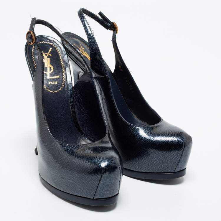 Pre Owned Saint Laurent Dark Blue Textured Patent Leather Tribtoo Slingback Pumps Size 37 