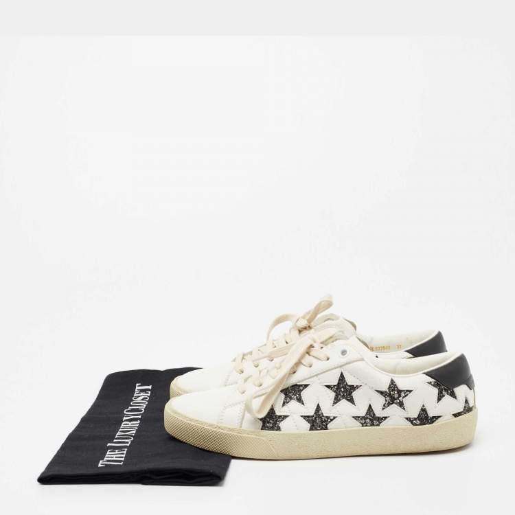 Pre Owned Saint Laurent White/Black Leather  And Glitter Star Patch Low Top Sneakers Size  37