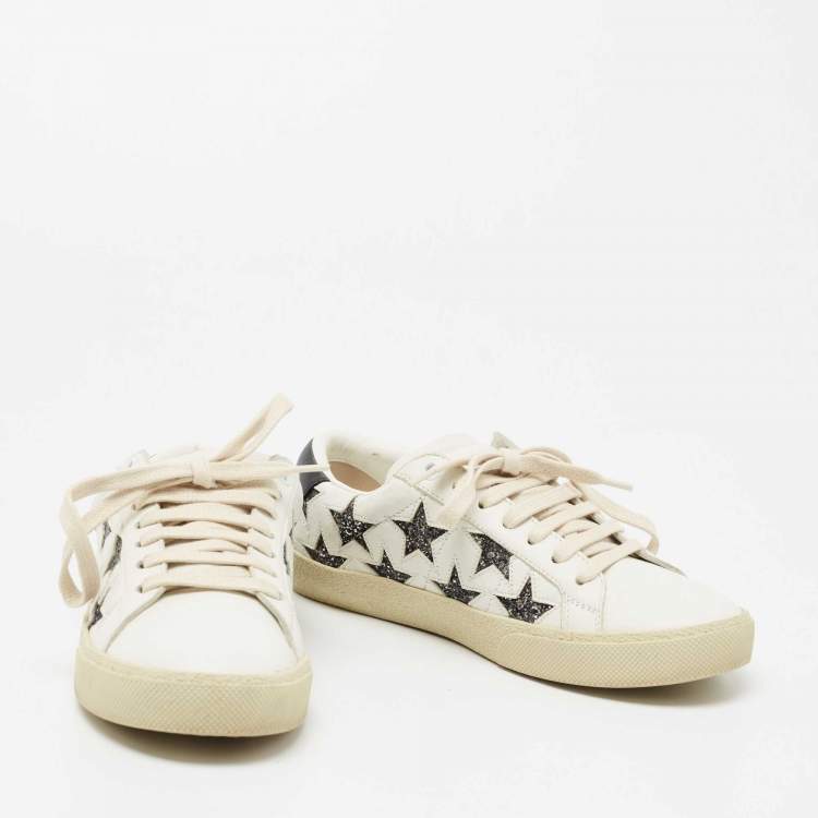 Pre Owned Saint Laurent White/Black Leather  And Glitter Star Patch Low Top Sneakers Size  37
