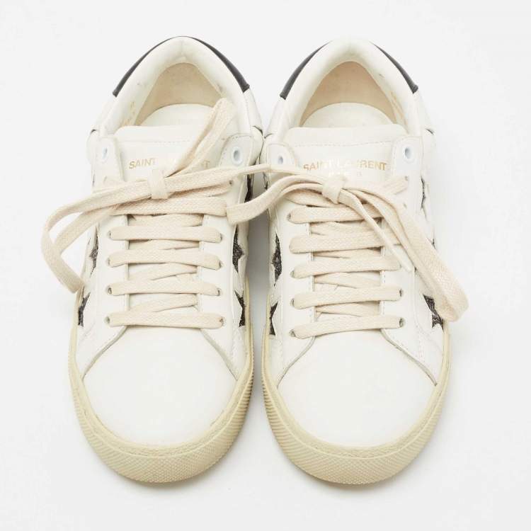 Pre Owned Saint Laurent White/Black Leather  And Glitter Star Patch Low Top Sneakers Size  37