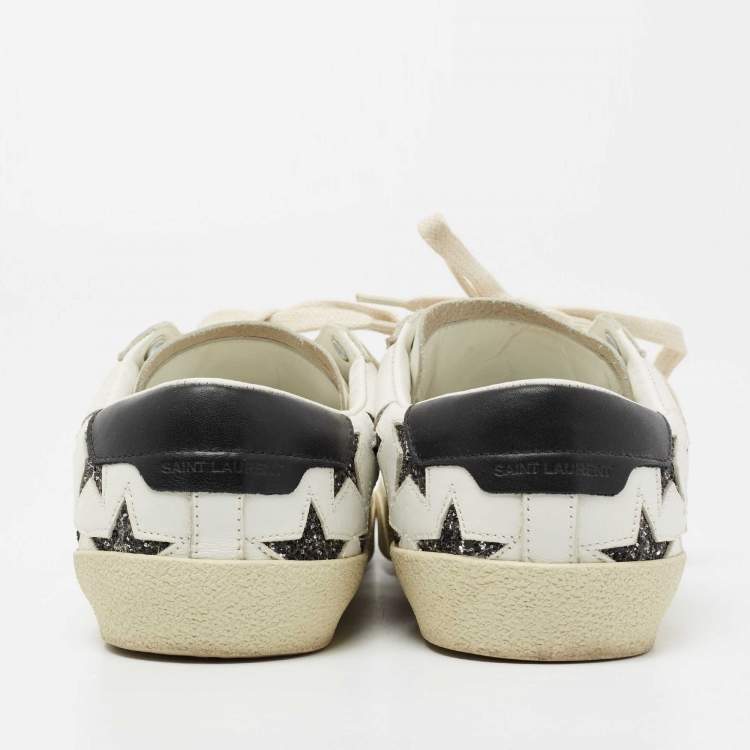 Pre Owned Saint Laurent White/Black Leather  And Glitter Star Patch Low Top Sneakers Size  37