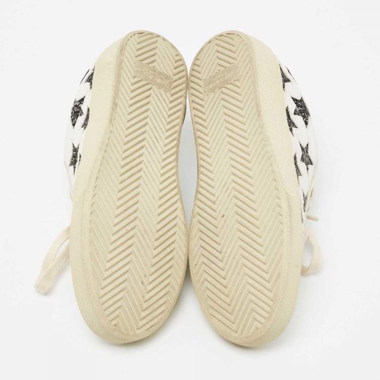 Pre Owned Saint Laurent White/Black Leather  And Glitter Star Patch Low Top Sneakers Size  37