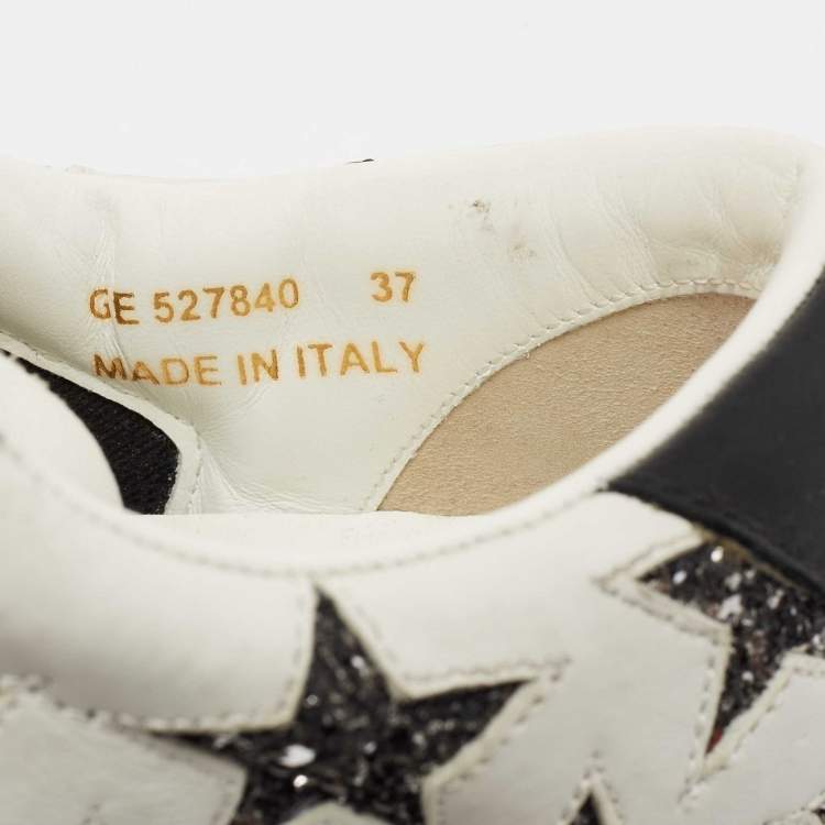 Pre Owned Saint Laurent White/Black Leather  And Glitter Star Patch Low Top Sneakers Size  37