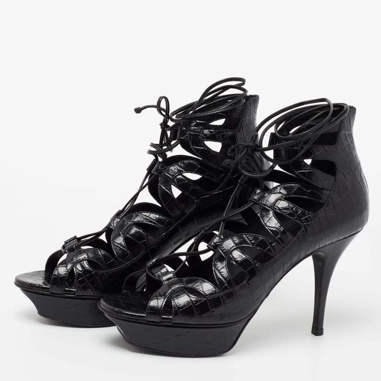 YVES SAINT LAURENT Tribute Croc Embossed Lace up Heels - The Purse