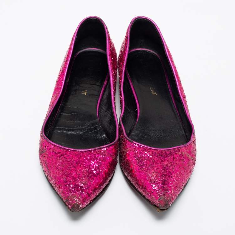 Pre Owned Saint Laurent Pink Glitter Ballet Flats Size 36.5