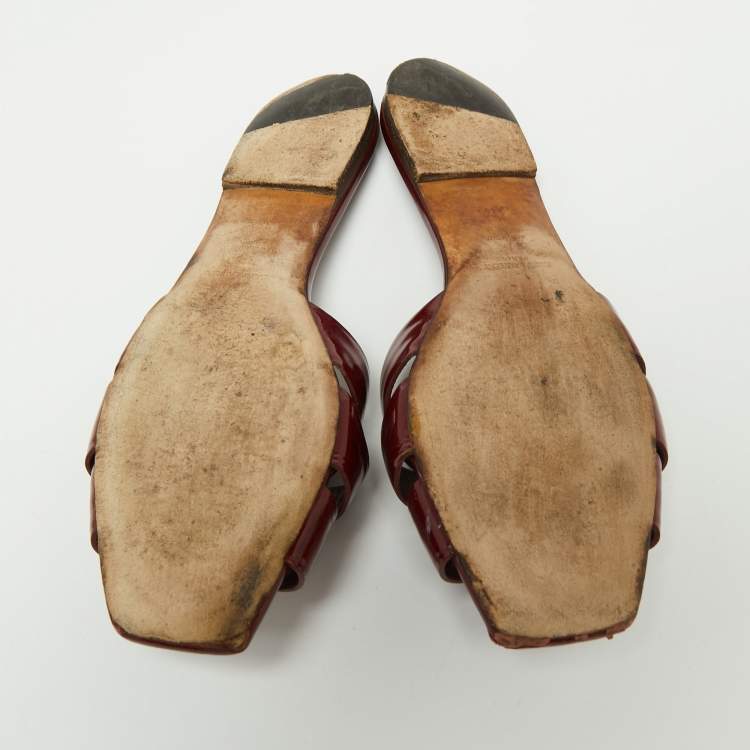 Pre Owned Saint Laurent Burgundy Patent Leather Tribute Flat Slides Size 38.5