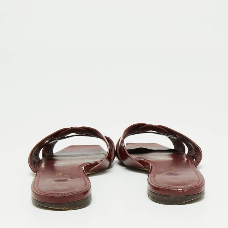 Pre Owned Saint Laurent Burgundy Patent Leather Tribute Flat Slides Size 38.5