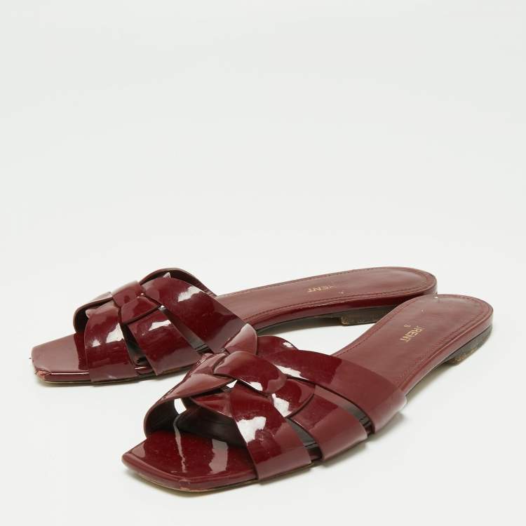 Pre Owned Saint Laurent Burgundy Patent Leather Tribute Flat Slides Size 38.5
