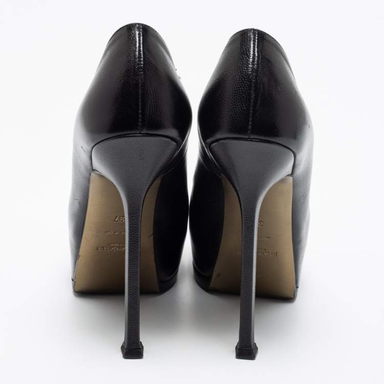Pre Owned Saint Laurent Black Textured Leather Tribtoo Platform Pumps Size 37