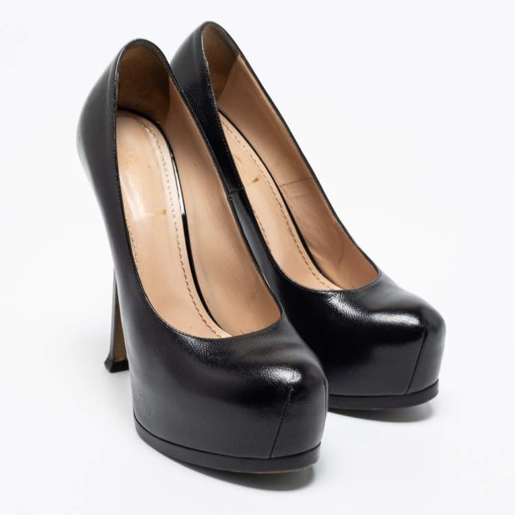 Pre Owned Saint Laurent Black Textured Leather Tribtoo Platform Pumps Size 37