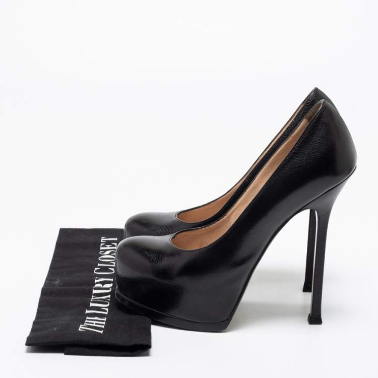 Pre Owned Saint Laurent Black Textured Leather Tribtoo Platform Pumps Size 37