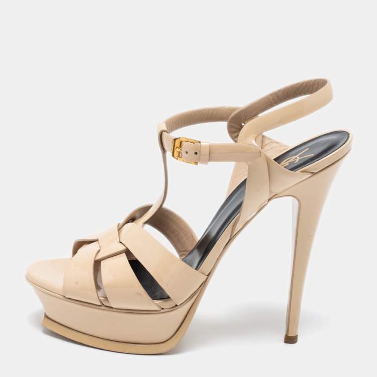 Pre Owned Saint Laurent Beige Patent Leather Tribute Sandals Size 39