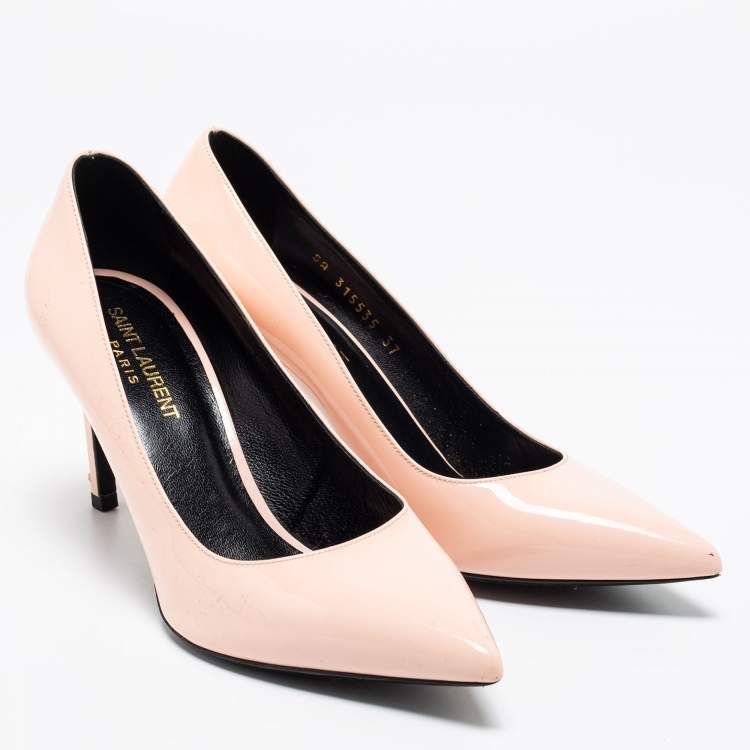 Pre Owned Saint Laurent Nude Patent Leather Anja Pointed Toe Pumps  Size 37