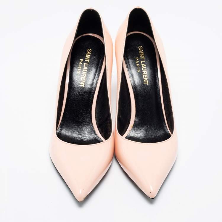 Pre Owned Saint Laurent Nude Patent Leather Anja Pointed Toe Pumps  Size 37