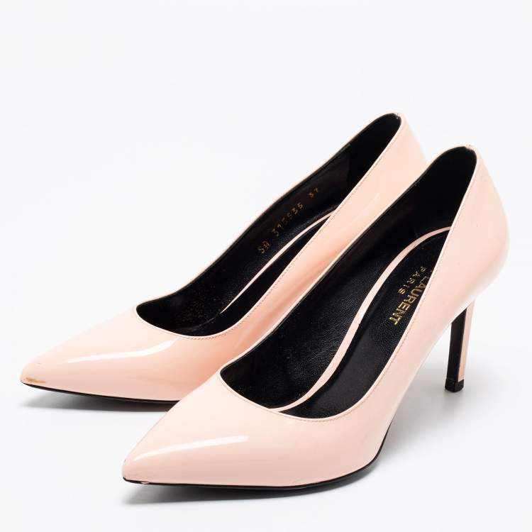 Pre Owned Saint Laurent Nude Patent Leather Anja Pointed Toe Pumps  Size 37