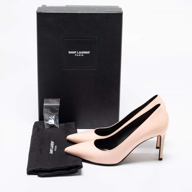 Pre Owned Saint Laurent Nude Patent Leather Anja Pointed Toe Pumps  Size 37