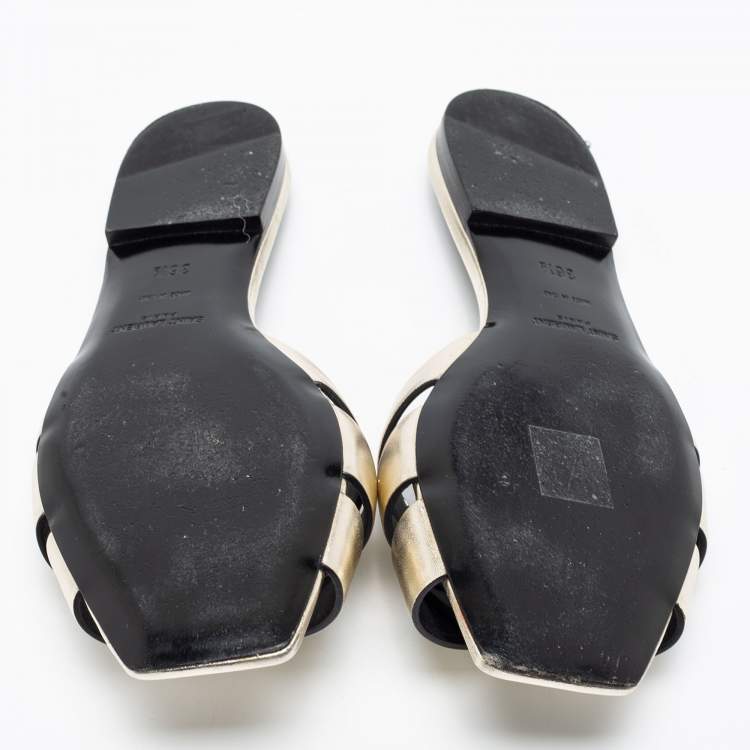 Pre Owned Saint Laurent Dull Gold Leather Tribute Flat Slides Size 36.5