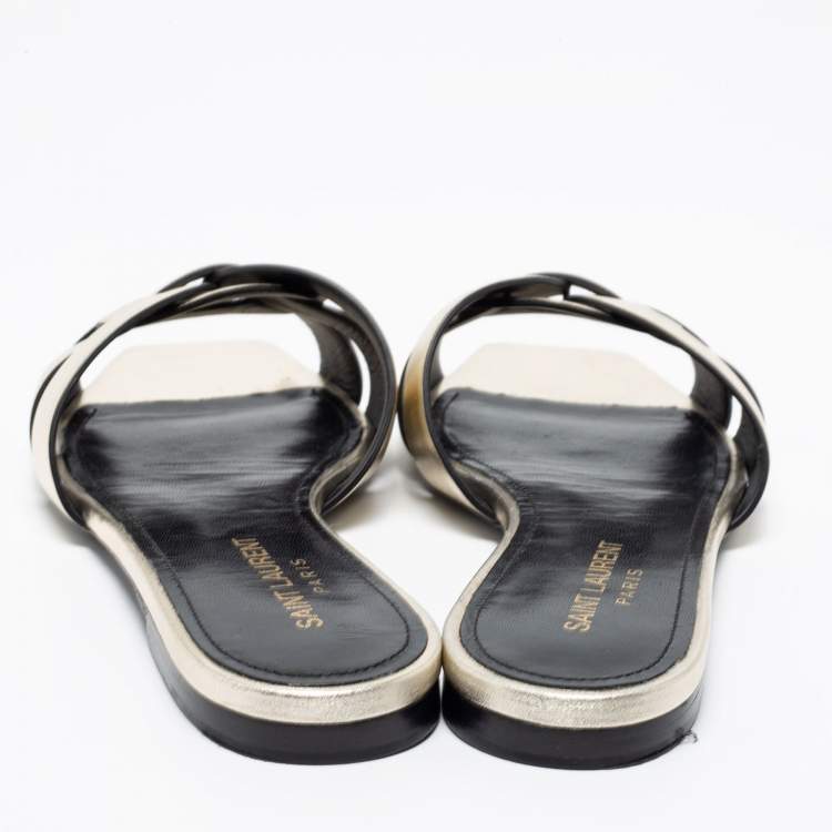 Pre Owned Saint Laurent Dull Gold Leather Tribute Flat Slides Size 36.5