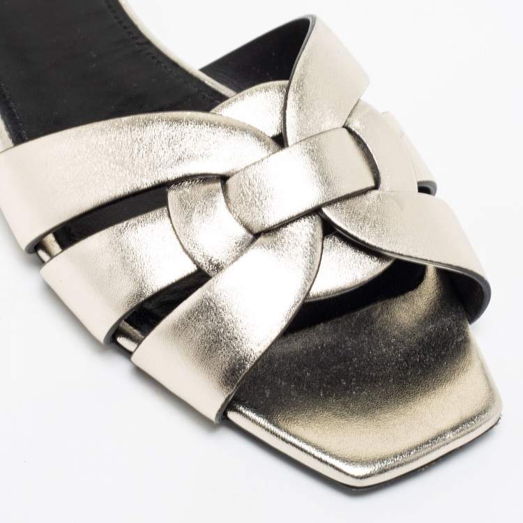 Pre Owned Saint Laurent Dull Gold Leather Tribute Flat Slides Size 36.5
