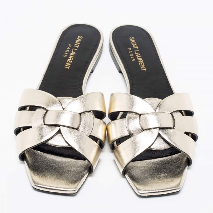 Pre Owned Saint Laurent Dull Gold Leather Tribute Flat Slides Size 36.5
