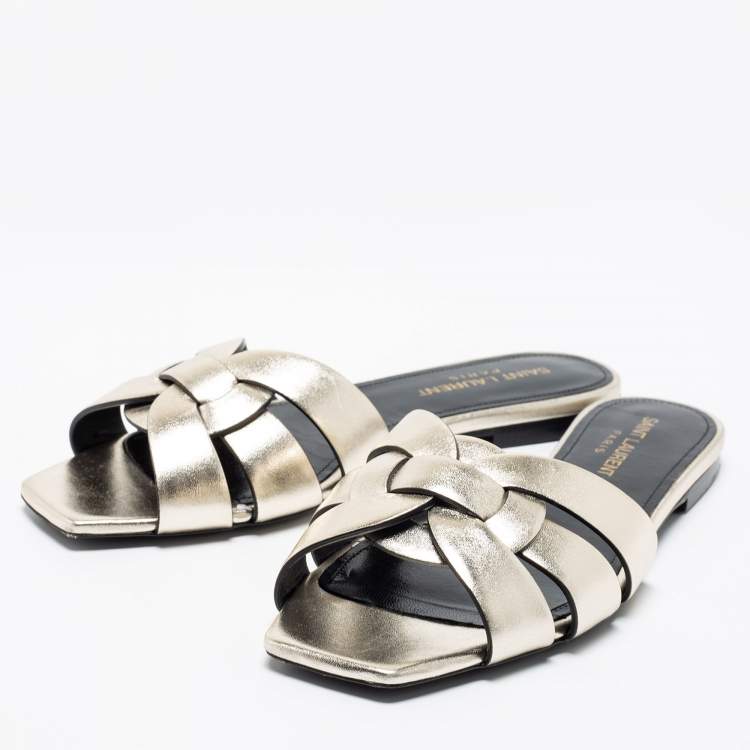 Pre Owned Saint Laurent Dull Gold Leather Tribute Flat Slides Size 36.5