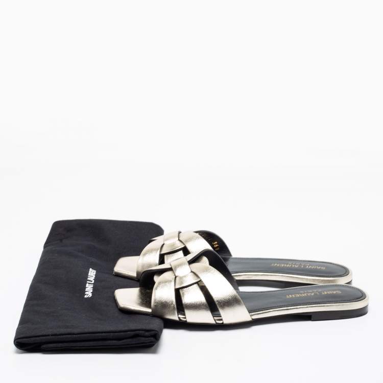 Pre Owned Saint Laurent Dull Gold Leather Tribute Flat Slides Size 36.5