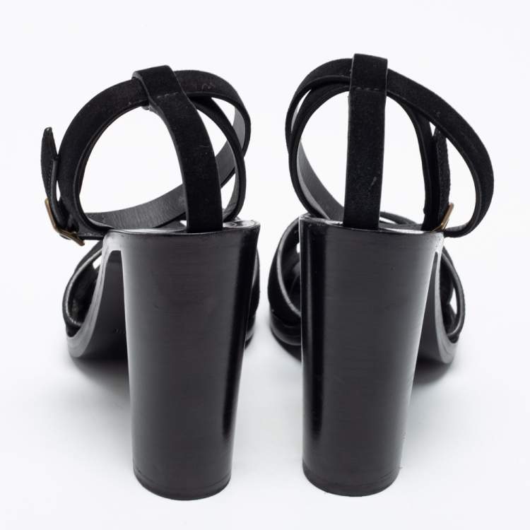 Pre Owned Saint Laurent Black Suede Crisscross Ankle Strap Sandals Size 37