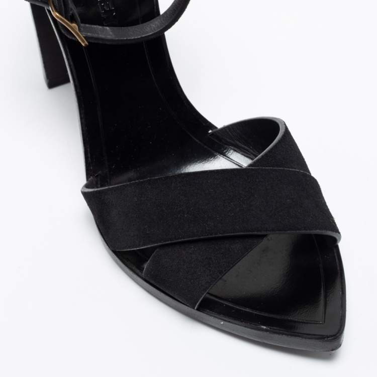 Pre Owned Saint Laurent Black Suede Crisscross Ankle Strap Sandals Size 37